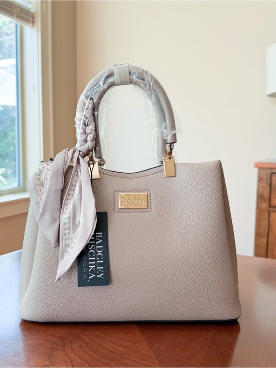 Badgley Mischka Handbags - Badgley Mischka Taupe Satchel with Scarf Detail